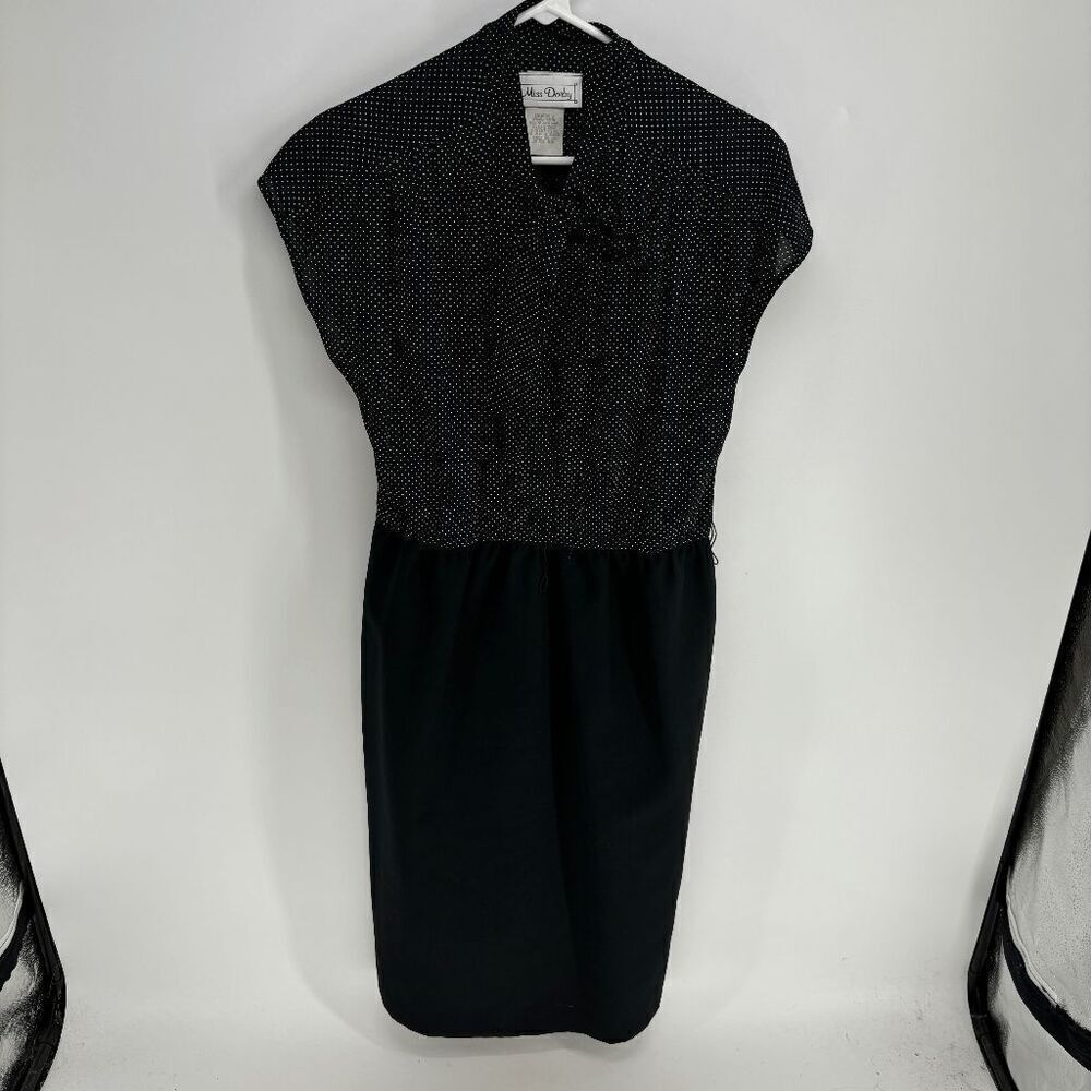 VTG Miss Darby Womens Black Pencil Skirt Polka Dot cap sleeve neck bow Dress 14P